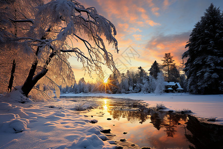 冬日大雪湖畔图片