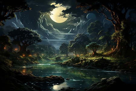 夜满月仙境之夜插画