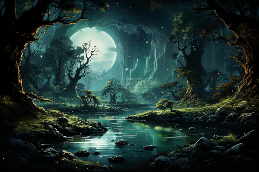 深林中的奇幻夜景图片
