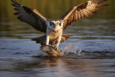 水中展翅捕鱼的大鸟高清图片