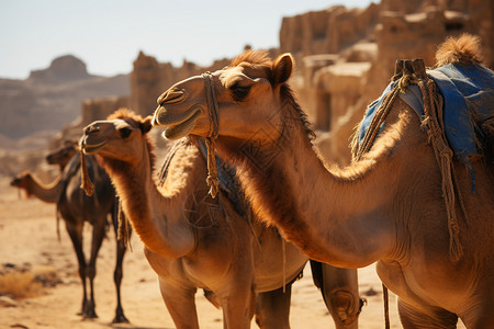 沙漠中的骆驼群背景图片