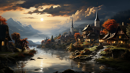 欧式风景建筑山里的小镇雾里插画