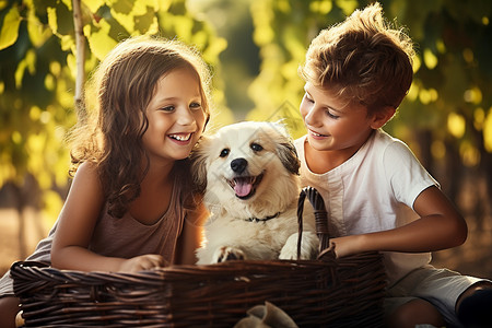 野餐竹篮快乐小孩与宠物狗背景