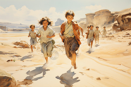 沙丘中奔跑的小朋友背景图片