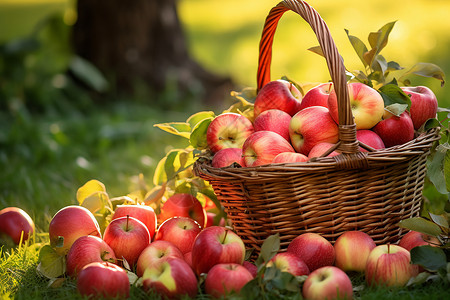 果园中采摘苹果的篮筐背景图片