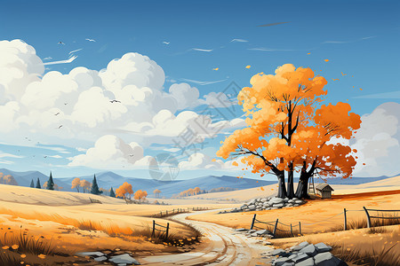 手绘秋天色彩的乡村景观背景图片
