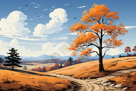 秋季乡村风光的创意插图图片