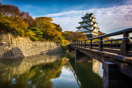 大阪信号灯秋日天空中的大阪城背景