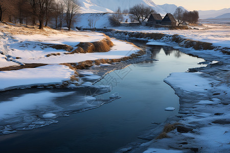 河面结冰冬季乡村结冰的河面背景