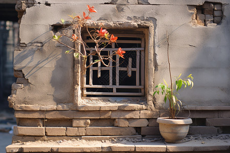 古墙建筑古墙旁的花瓶背景