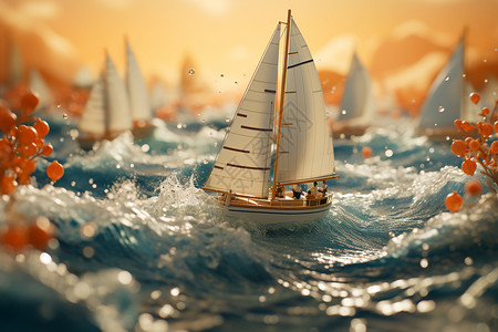 小帆船创意海洋中航行的帆船插画