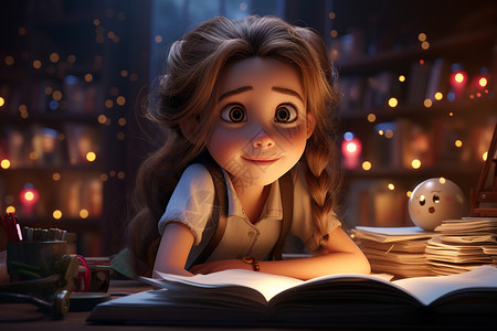 夜晚读书的小女孩图片