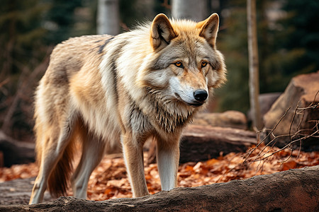 灰狼站在森林的枯叶上图片