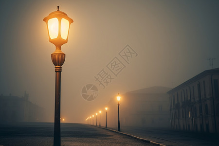 街头路灯迷雾笼罩的城市街头背景