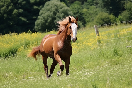 牧场草地上奔跑的马匹图片