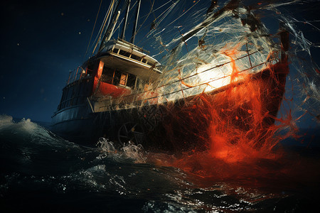 危险风暴海上风暴中的渔船插画