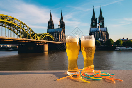 德国啤酒节海报莱茵河背景下的两杯啤酒背景