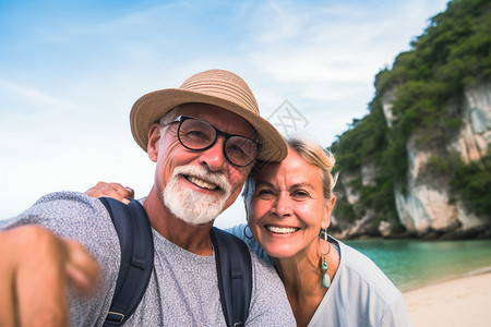 户外旅游拍照的老年夫妻图片