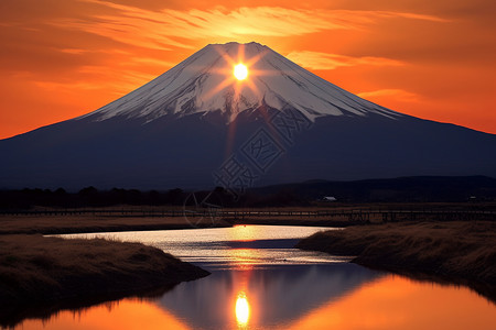 富士山下的美丽景观背景图片