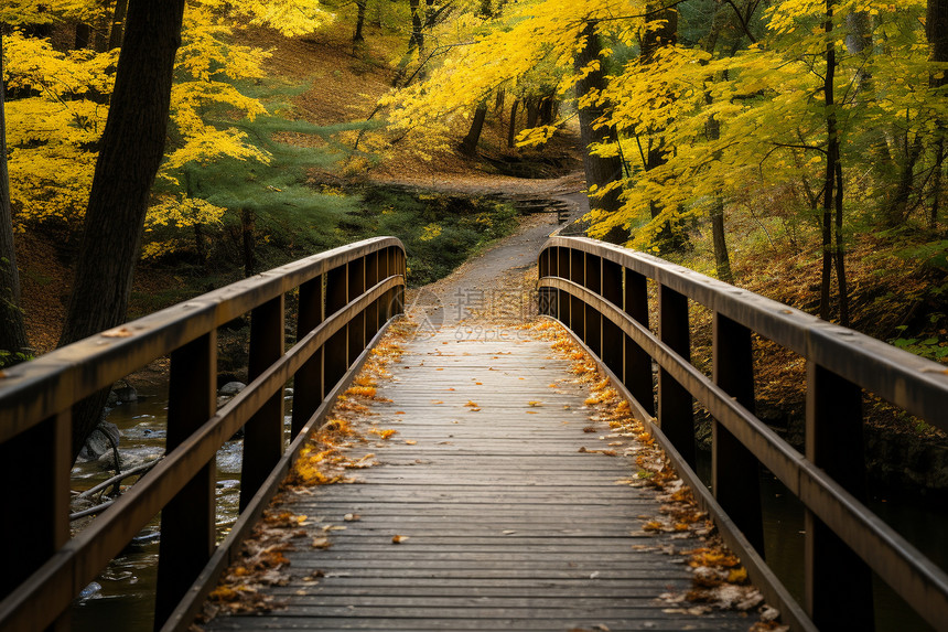 满是落叶的公园木桥景观图片