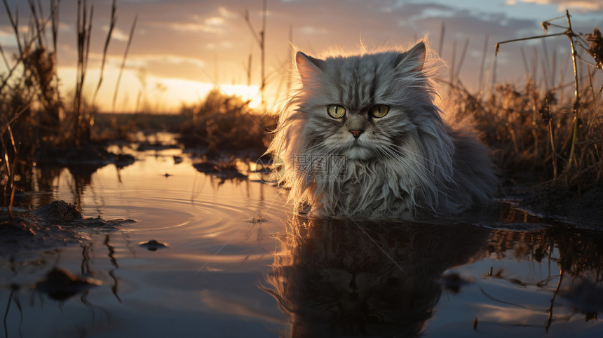 湿地里的波斯猫图片