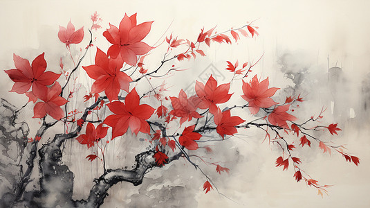 红色枫叶水墨画背景图片