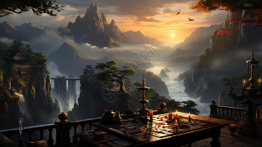 夕阳下的意境山水棋艺背景图片