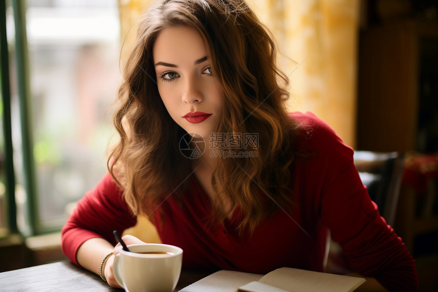 桌子前喝咖啡的女人图片
