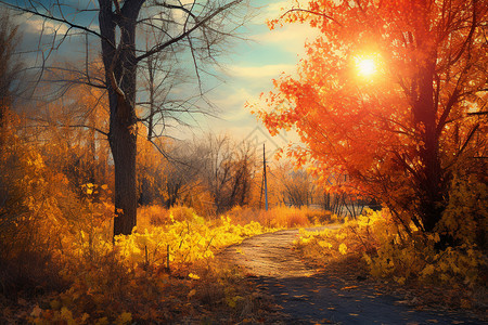 夕阳下的秋季树林图片