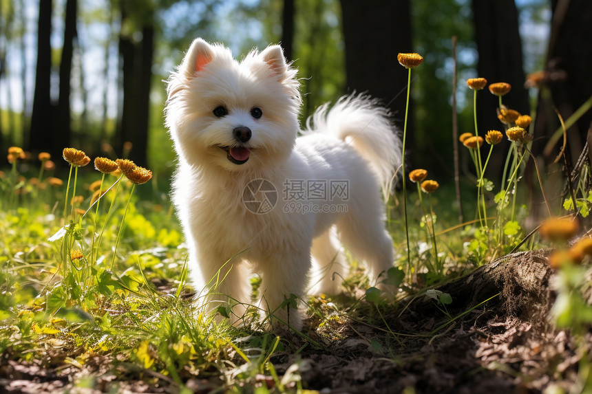 花丛中的小狗图片
