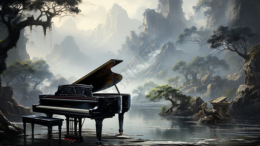 优美山间的钢琴插画图片