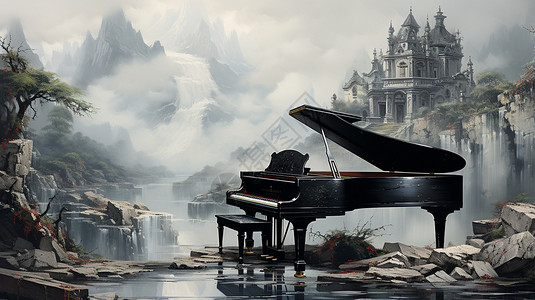 欧式风景建筑欧式古典风格山间钢琴设计图片