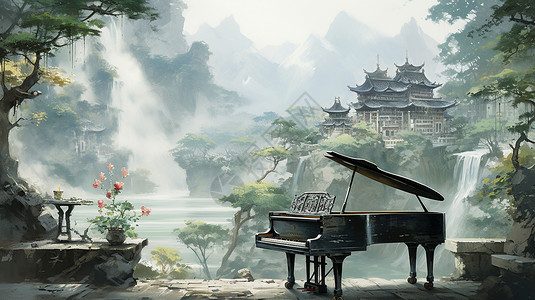 国风山林中的钢琴插图背景图片
