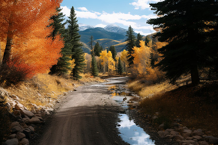 深秋的森林道路景观图片