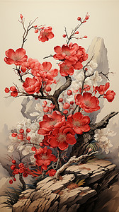 石头开花开花的梨树水墨画插画