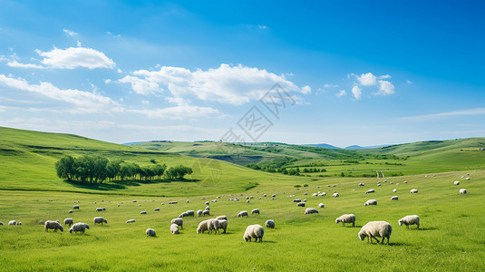 草原上绵羊们草原上的绵羊群插画