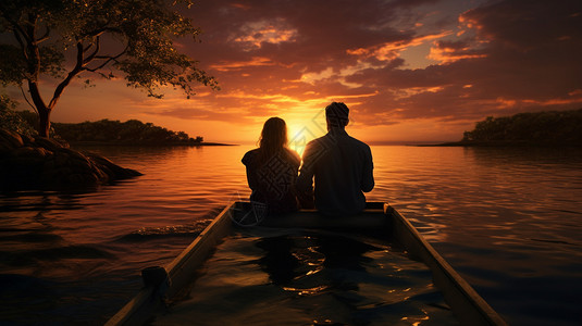 坐在船上情侣看日出的夫妇背景