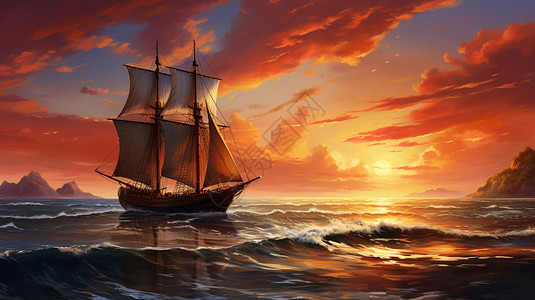 日落海洋的帆船图片