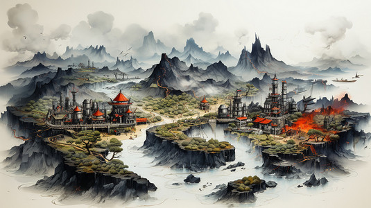 山川风景全景图插画