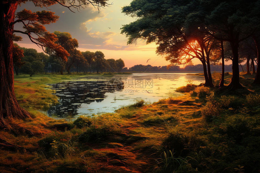 黄昏的夏日湖泊图片