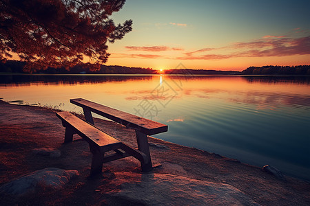 湖边孤寂的长凳高清图片