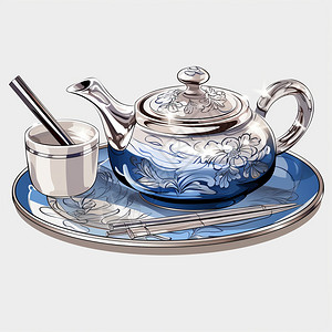 金属茶具雕刻花纹的茶具插画