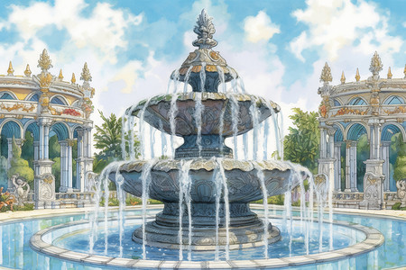 庄园内床欧式庄园内的喷泉建筑插画