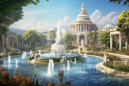 欧式建筑内的豪华喷泉景观背景图片