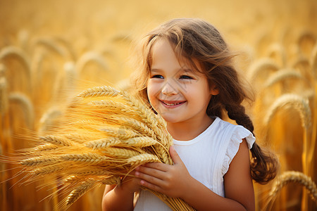 麦穗和小女孩金色稻田中的小女孩背景
