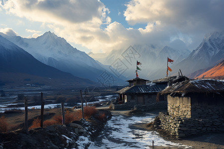 冬季雪山村庄的美丽景观背景图片