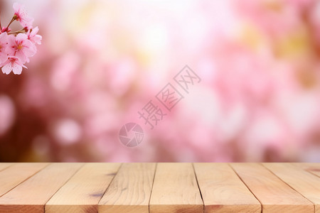 户外樱花背景前木桌背景图片