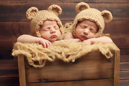 宝宝满月素材木框中拍满月照的双胞胎背景