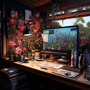 鲜花装饰的电脑桌插图图片