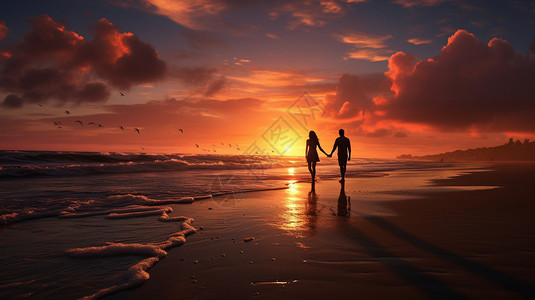 沙滩上牵手散步的情侣图片